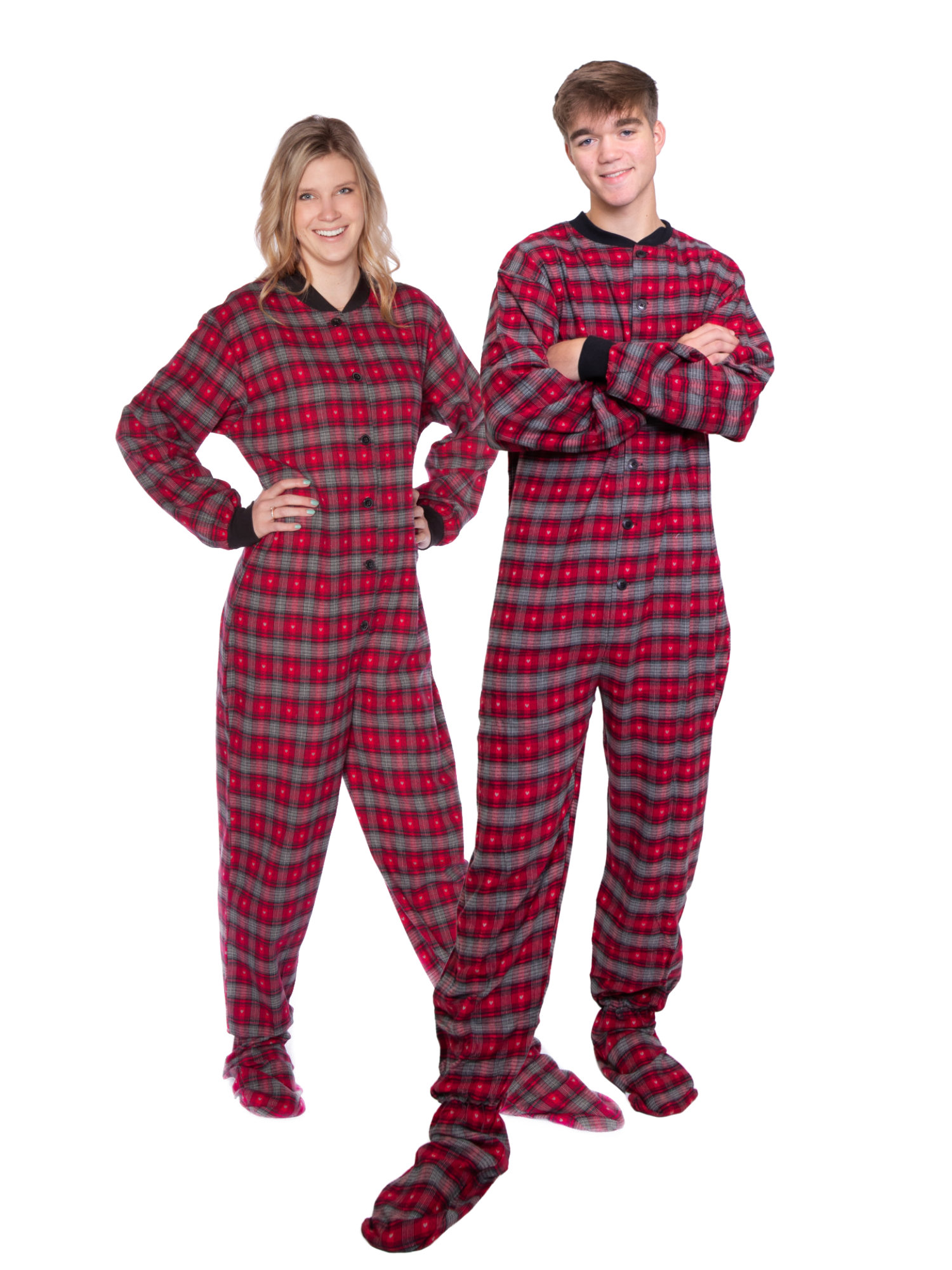 Red And Grey Plaid Footed Onesie Pajamas With Small Hearts Big Feet Onesies And Footed Pajamas 7980